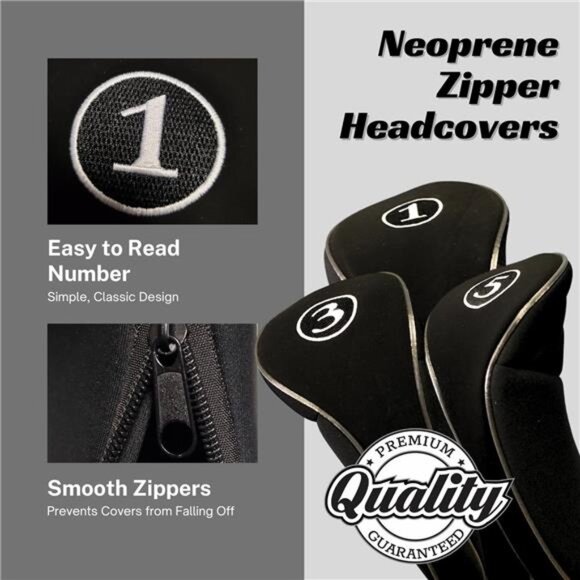 Black Golf Zipper HeadCovers Driver 1 3 5 Fairway WoodsHeadcovers Metal Neoprene - Picture 3 of 8